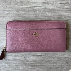 Coach Round Zipper Long Wallet 6643 Leather Purple Pink Womens Clutch Card Holdr